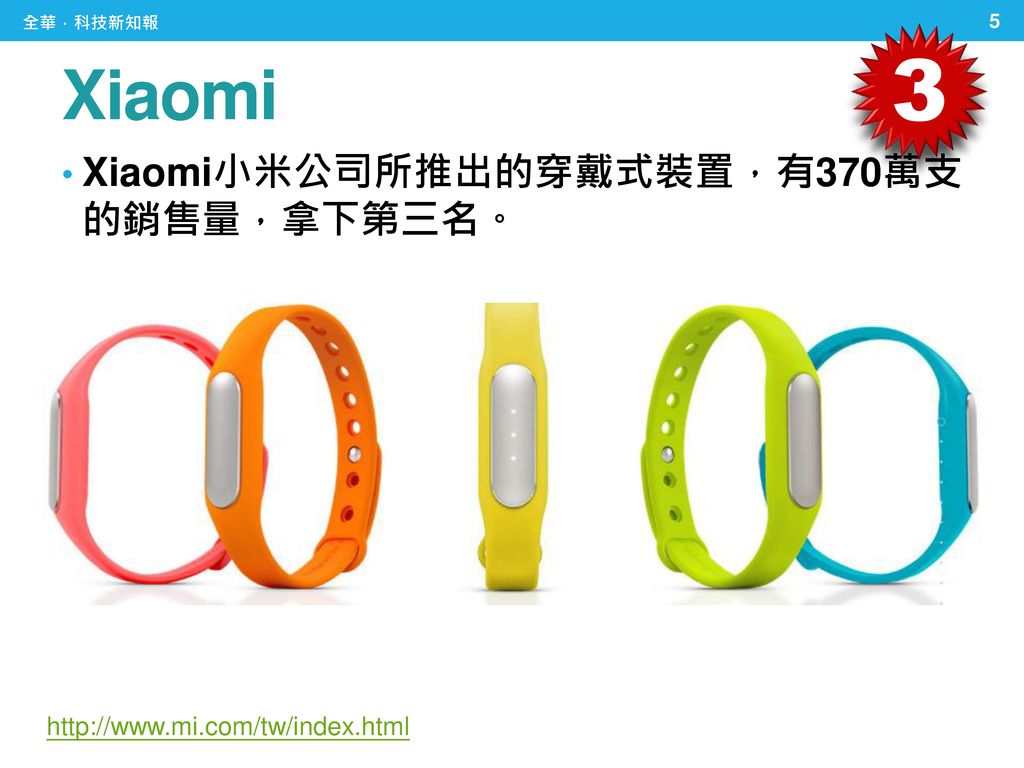 3 Xiaomi Xiaomi小米公司所推出的穿戴式裝置，有370萬支 的銷售量，拿下第三名。