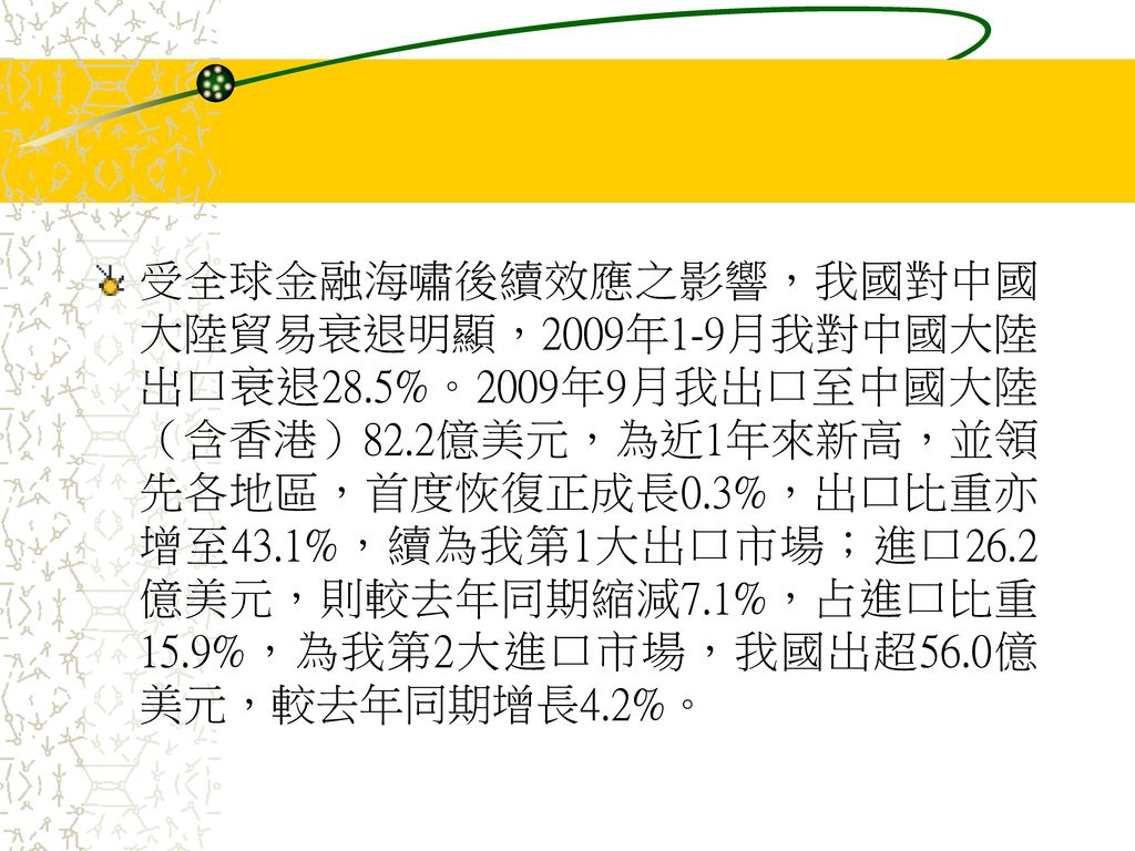 受全球金融海嘯後續效應之影響，我國對中國大陸貿易衰退明顯，2009年1-9月我對中國大陸出口衰退28