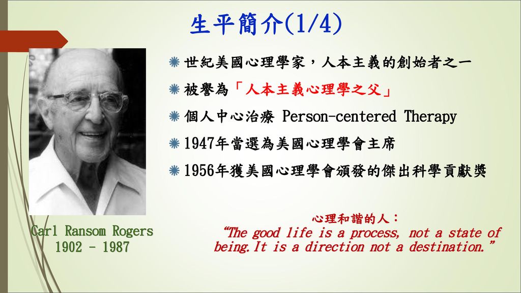生平簡介(1/4) 世紀美國心理學家，人本主義的創始者之一 被譽為「人本主義心理學之父」