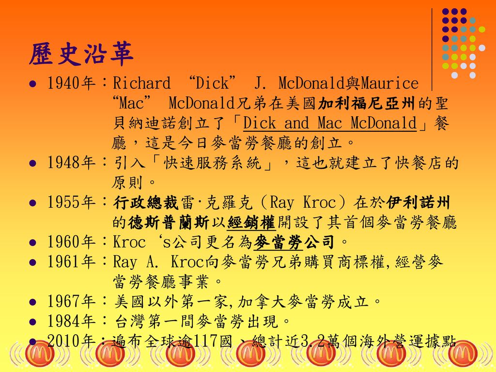 歷史沿革 1940年：Richard Dick J. McDonald與Maurice