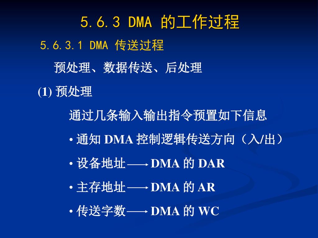 5.6.3 DMA 的工作过程 DMA 传送过程 预处理、数据传送、后处理 (1) 预处理 通过几条输入输出指令预置如下信息