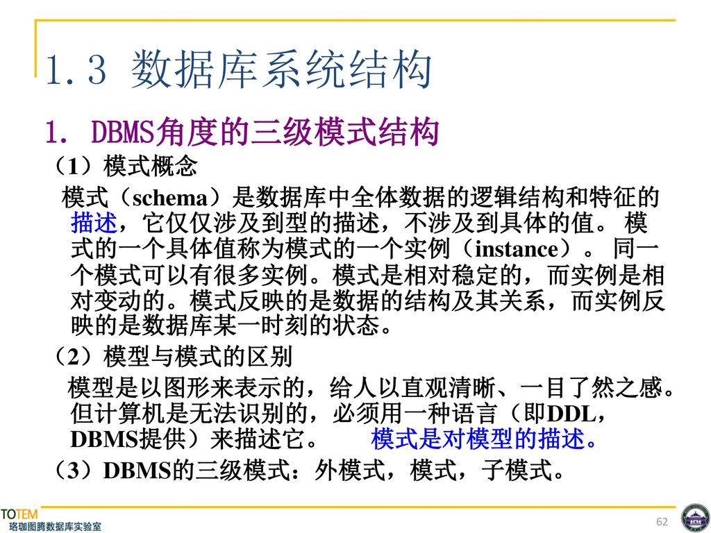 1.3 数据库系统结构 1. DBMS角度的三级模式结构 （1）模式概念