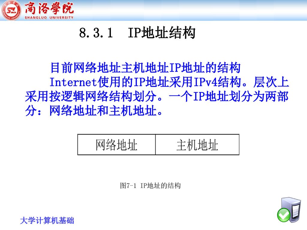 8.3.1 IP地址结构 目前网络地址主机地址IP地址的结构