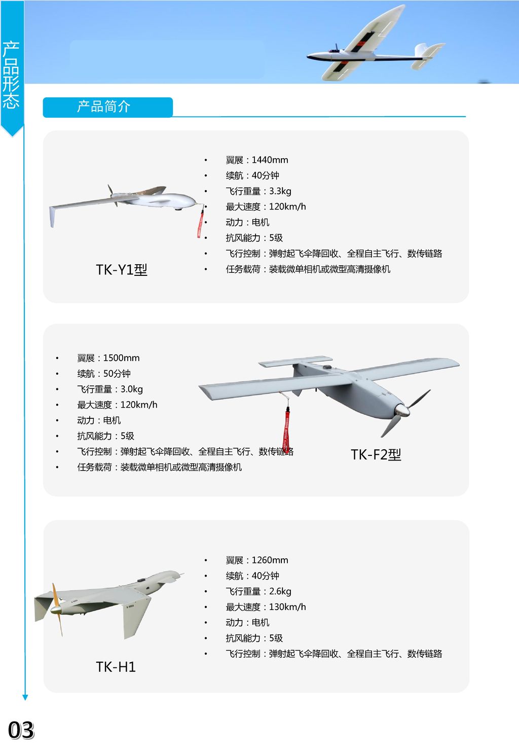 03 产品形态 产品简介 TK-Y1型 TK-F2型 TK-H1 翼展：1440mm 续航：40分钟 飞行重量：3.3kg