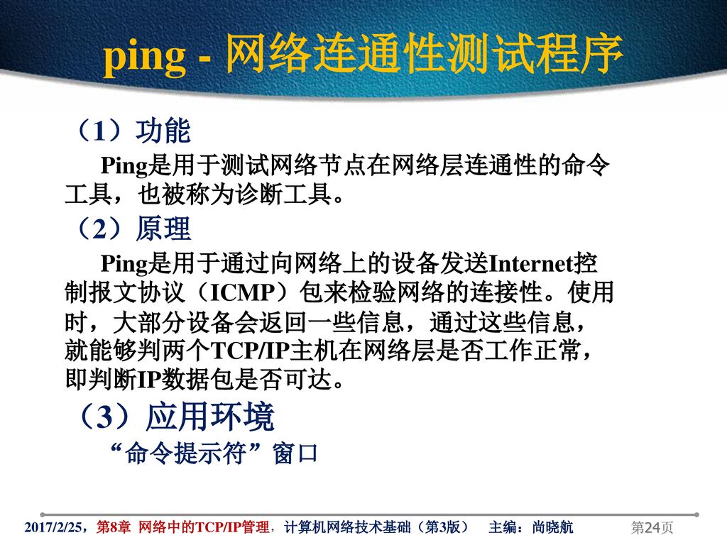 ping - 网络连通性测试程序 （3）应用环境 （1）功能 （2）原理