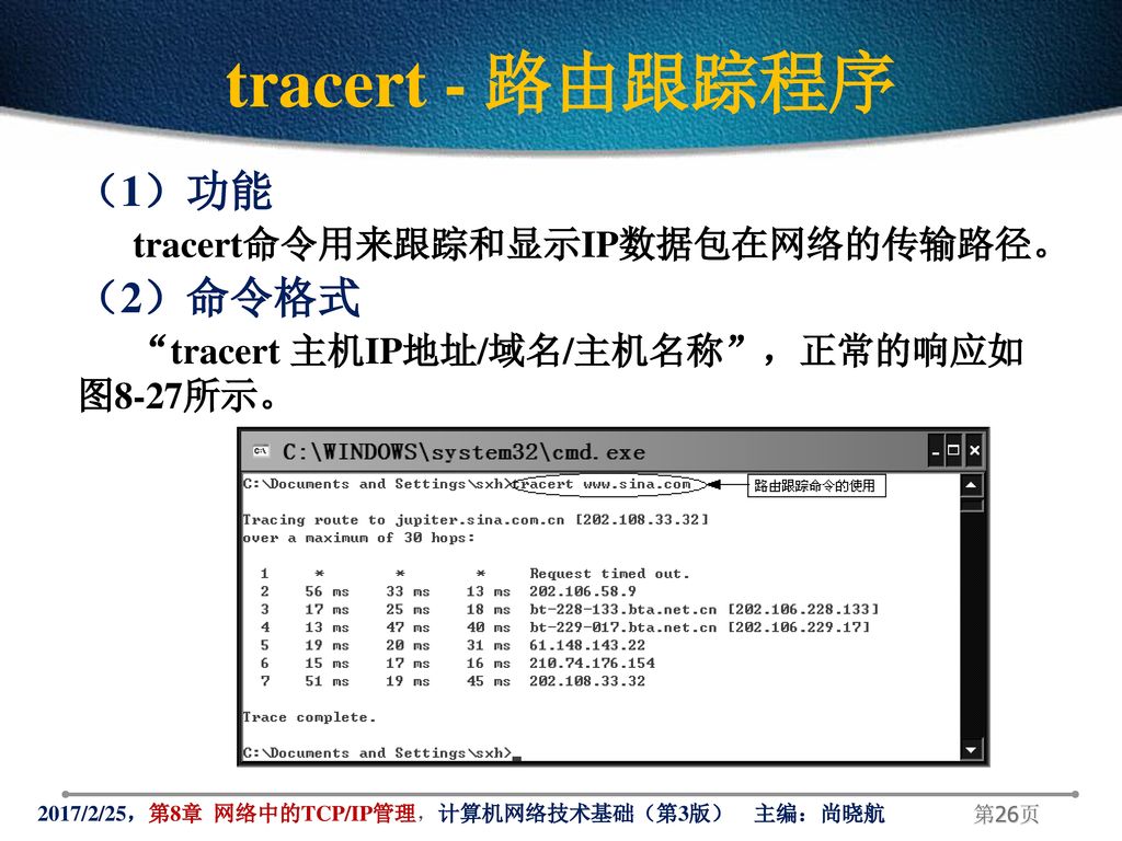 tracert - 路由跟踪程序 （1）功能 （2）命令格式 tracert命令用来跟踪和显示IP数据包在网络的传输路径。