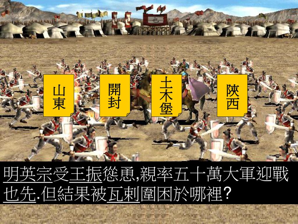 土木堡 山東 開封 陝西 明英宗受王振慫恿,親率五十萬大軍迎戰 也先.但結果被瓦剌圍困於哪裡
