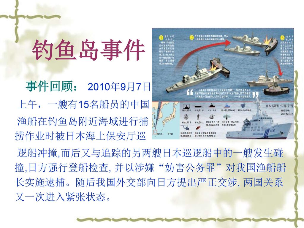 钓鱼岛事件 事件回顾： 2010年9月7日 上午，一艘有15名船员的中国 渔船在钓鱼岛附近海域进行捕 捞作业时被日本海上保安厅巡