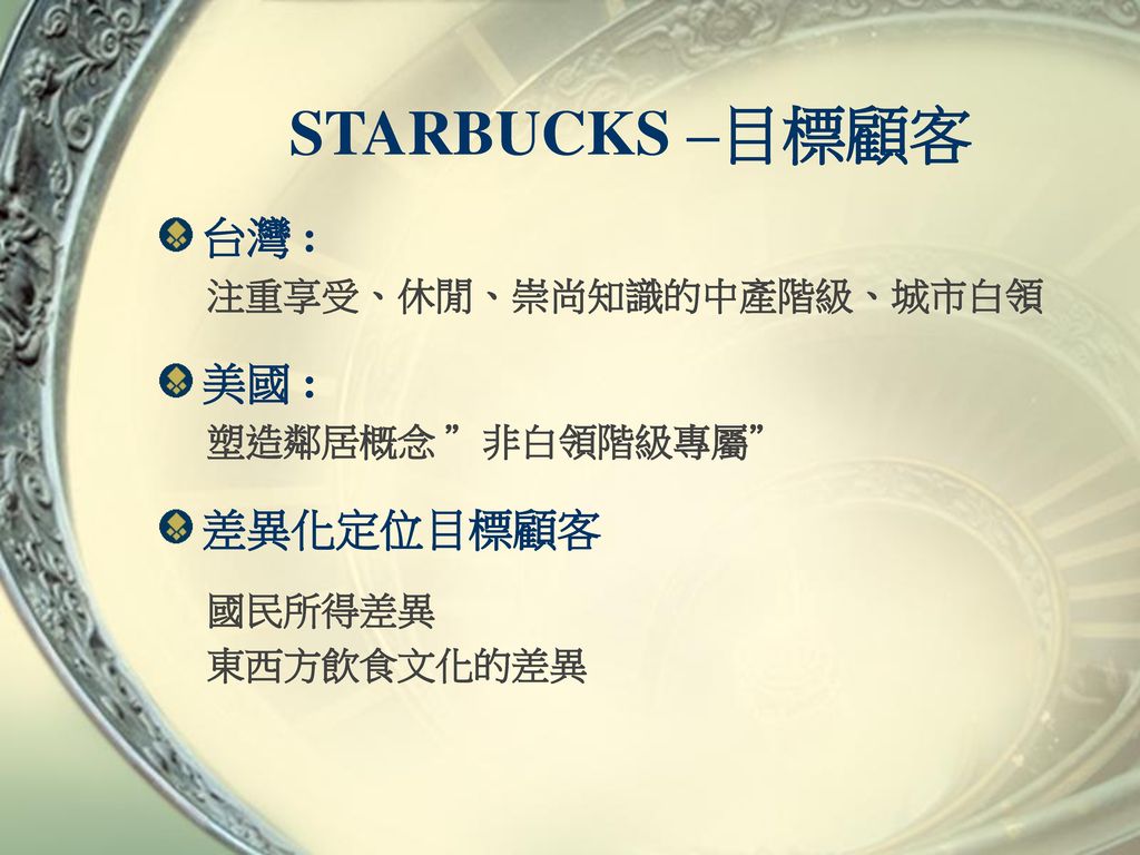 STARBUCKS –目標顧客 台灣 : 美國 : 差異化定位目標顧客 注重享受、休閒、崇尚知識的中產階級、城市白領