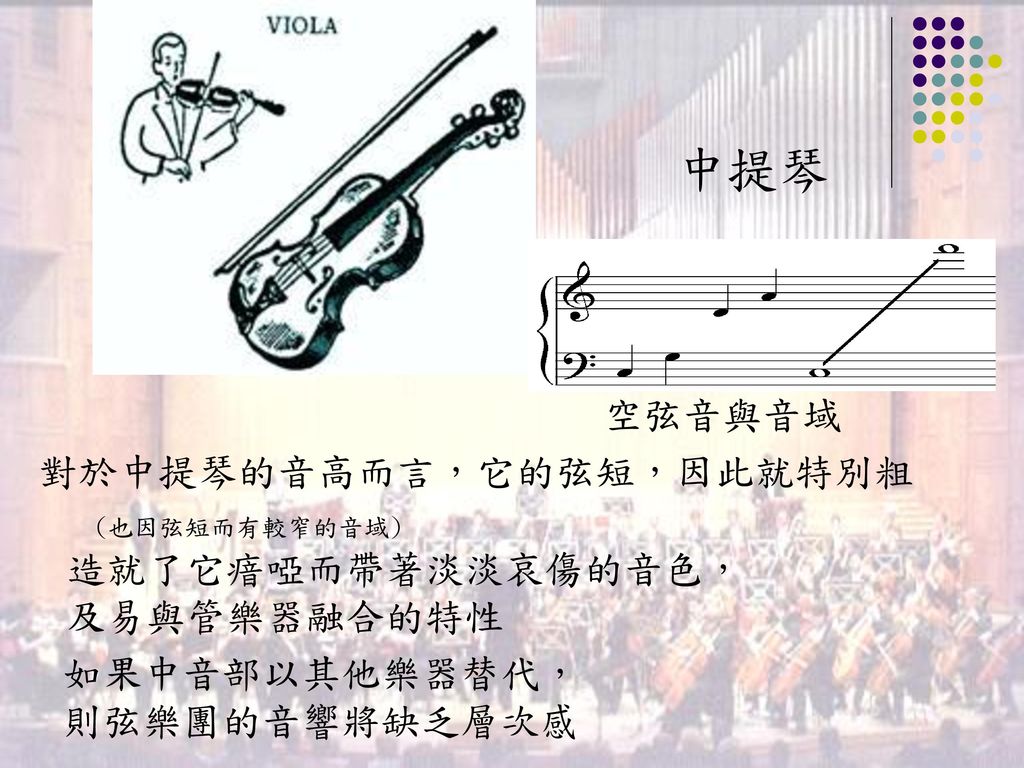 中提琴 空弦音與音域 對於中提琴的音高而言，它的弦短，因此就特別粗 造就了它瘖啞而帶著淡淡哀傷的音色， 及易與管樂器融合的特性