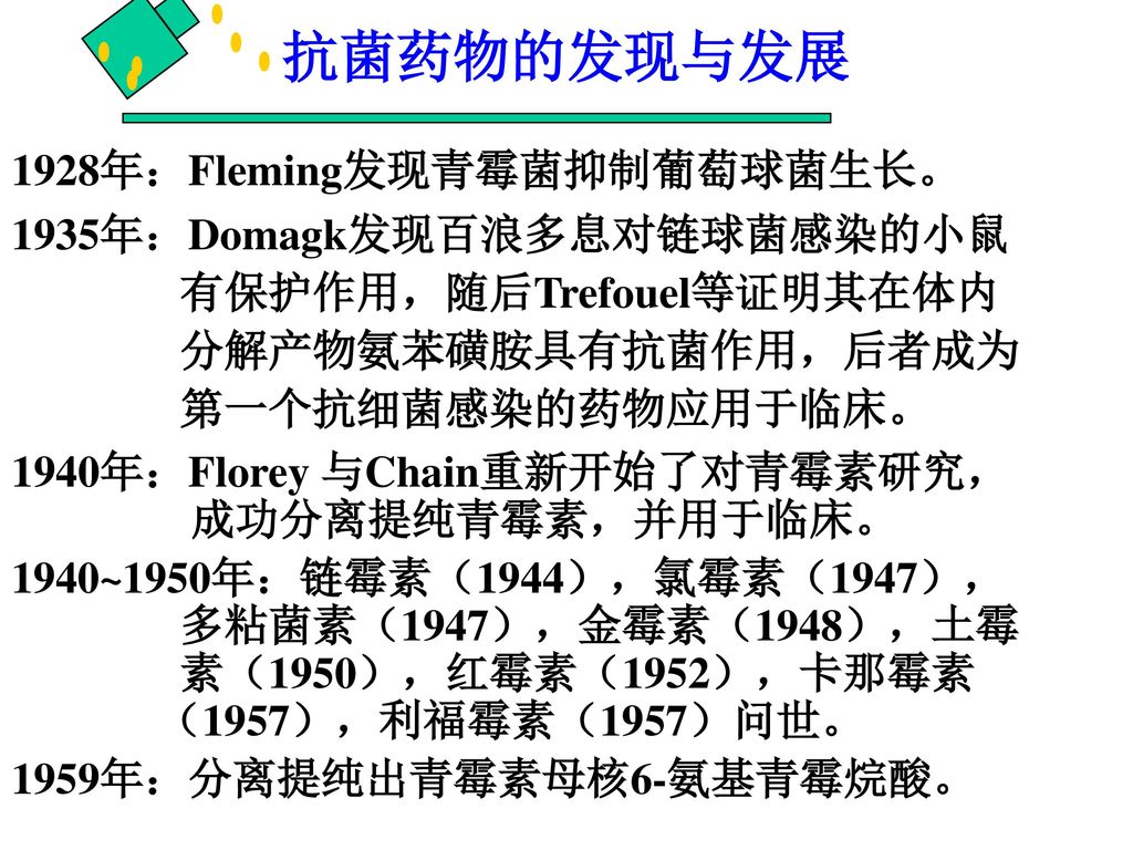 抗菌药物的发现与发展 1928年：Fleming发现青霉菌抑制葡萄球菌生长。