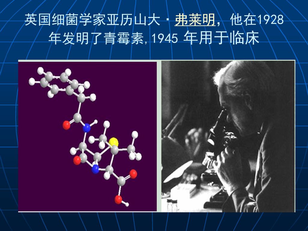 英国细菌学家亚历山大·弗莱明，他在1928年发明了青霉素,1945 年用于临床