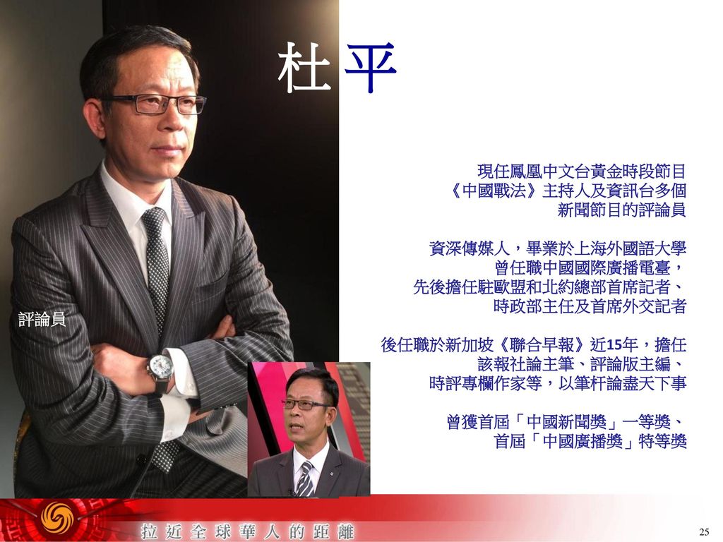 杜 平 現任鳳凰中文台黃金時段節目 《中國戰法》主持人及資訊台多個 新聞節目的評論員 資深傳媒人，畢業於上海外國語大學