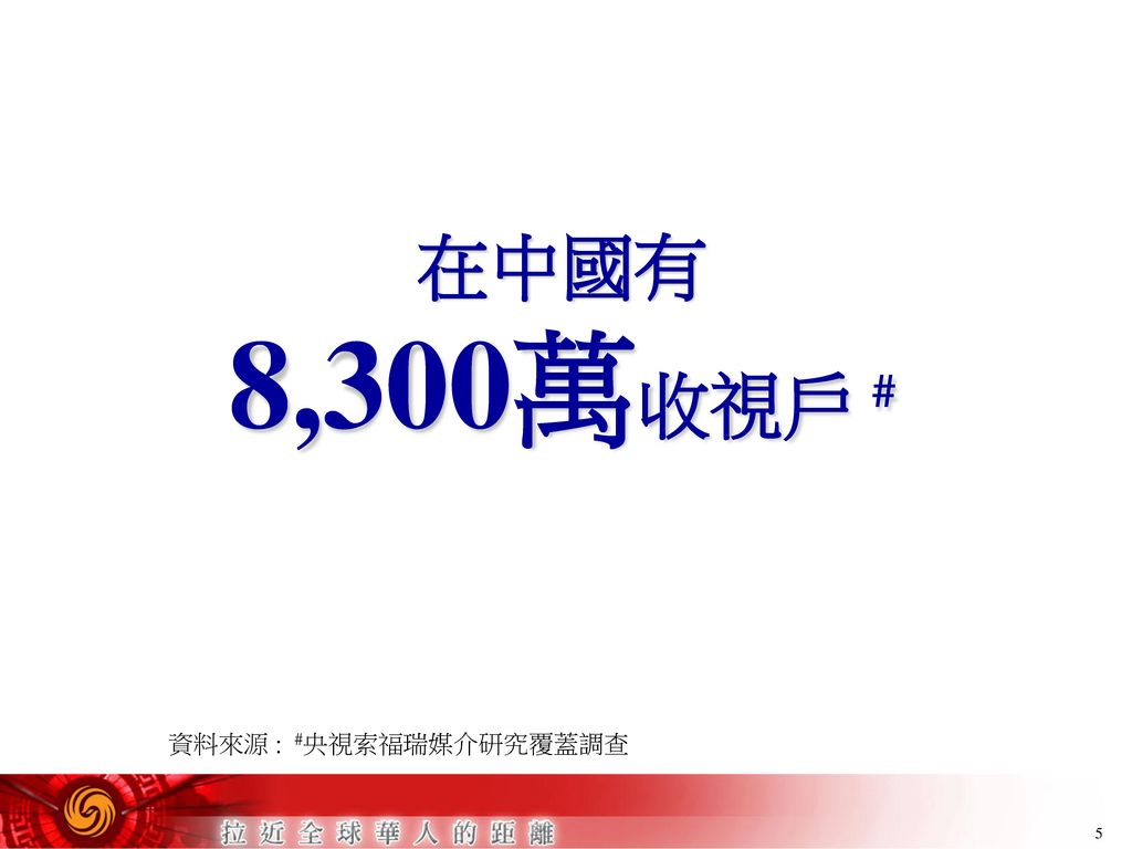 在中國有 8,300萬收視戶 # 資料來源 : #央視索福瑞媒介研究覆蓋調查