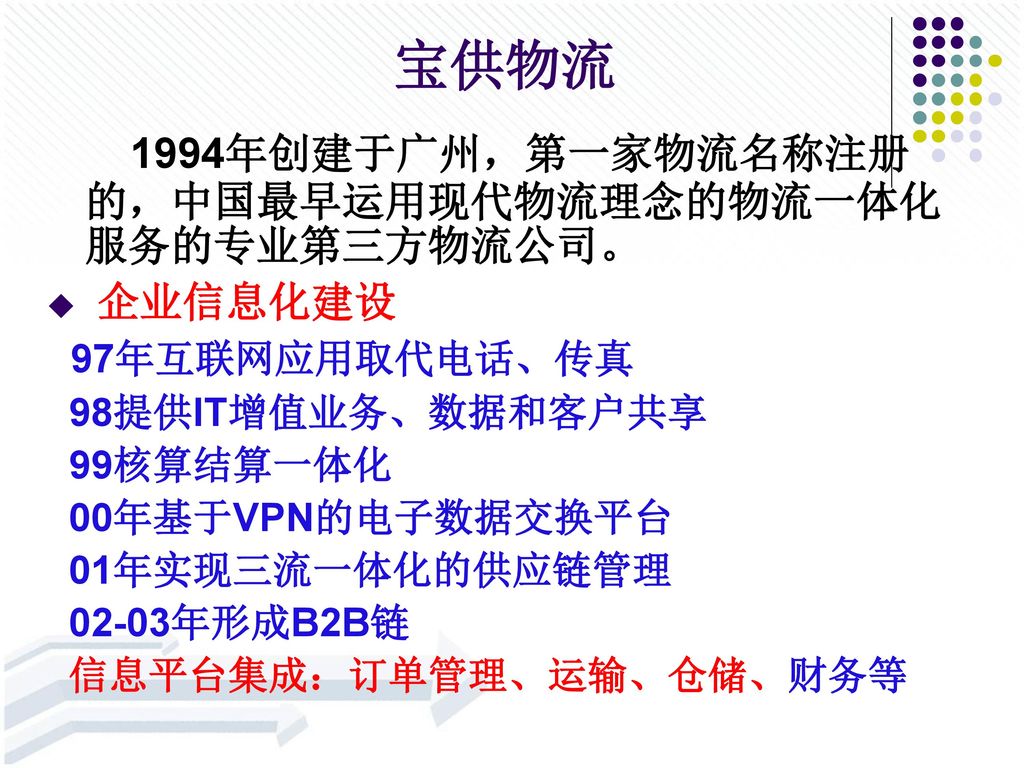 宝供物流 1994年创建于广州，第一家物流名称注册的，中国最早运用现代物流理念的物流一体化服务的专业第三方物流公司。 企业信息化建设