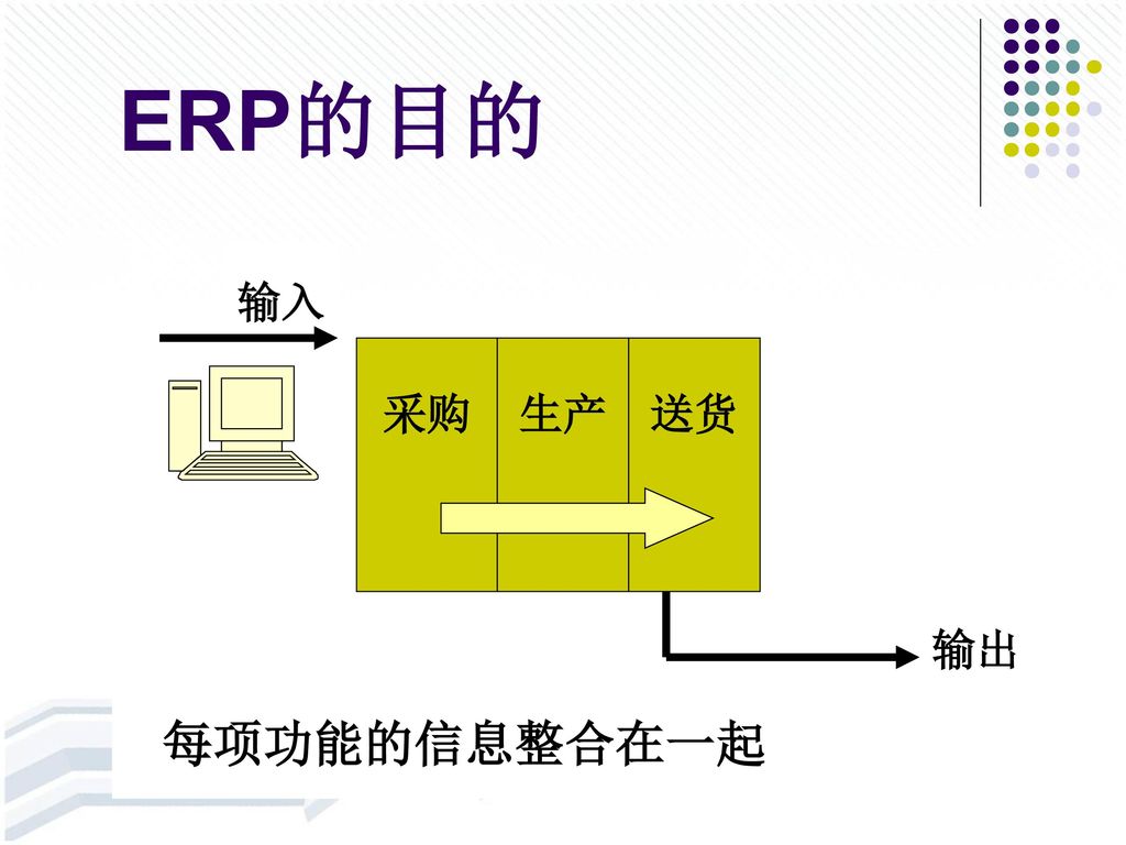 ERP的目的 输入 采购 生产 送货 输出 每项功能的信息整合在一起