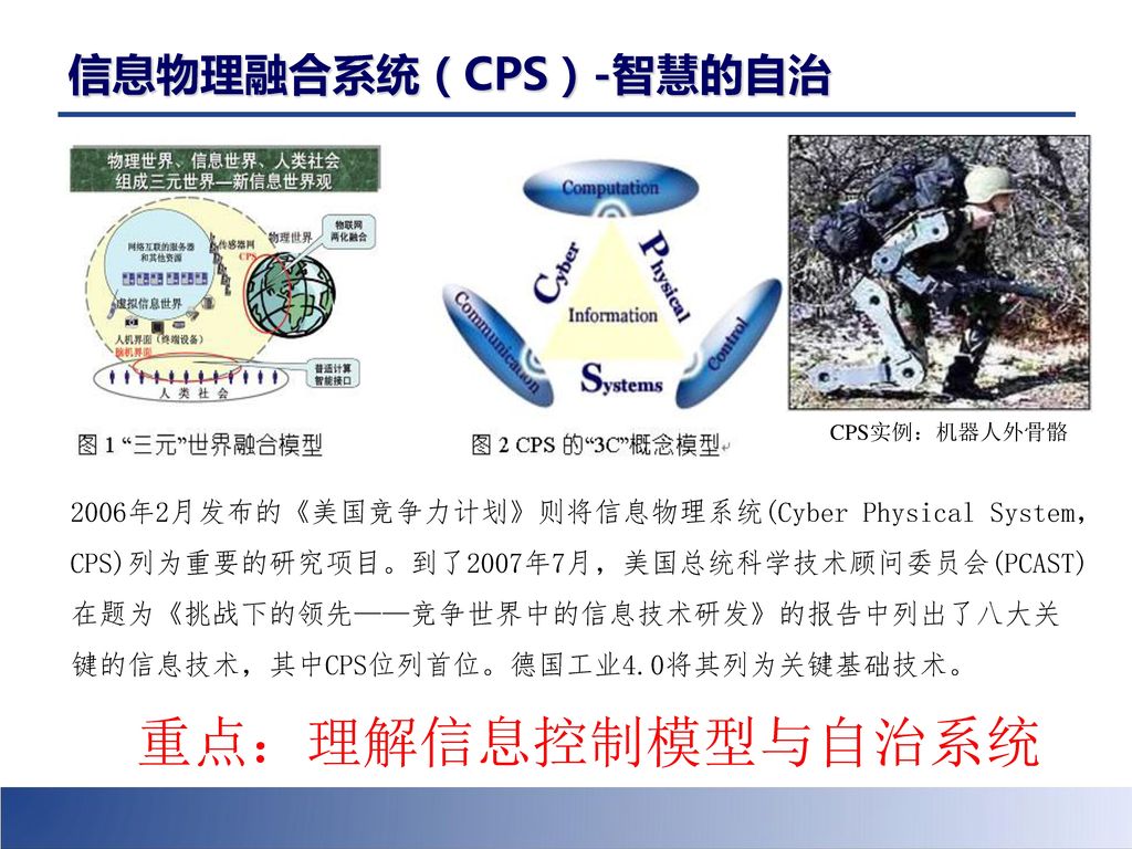 重点：理解信息控制模型与自治系统 信息物理融合系统（CPS）-智慧的自治