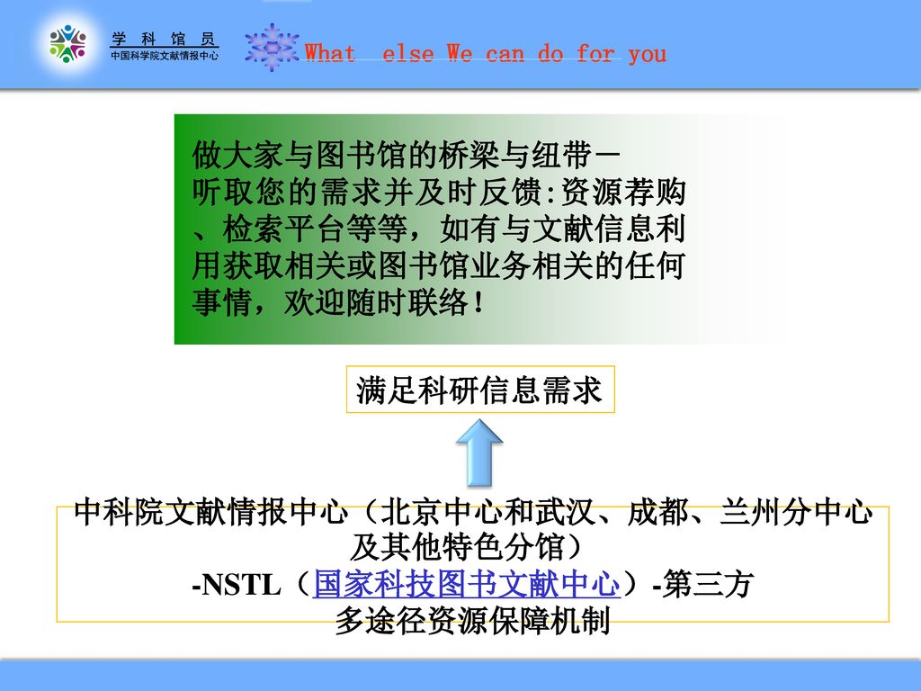 中科院文献情报中心（北京中心和武汉、成都、兰州分中心及其他特色分馆） -NSTL（国家科技图书文献中心）-第三方 多途径资源保障机制