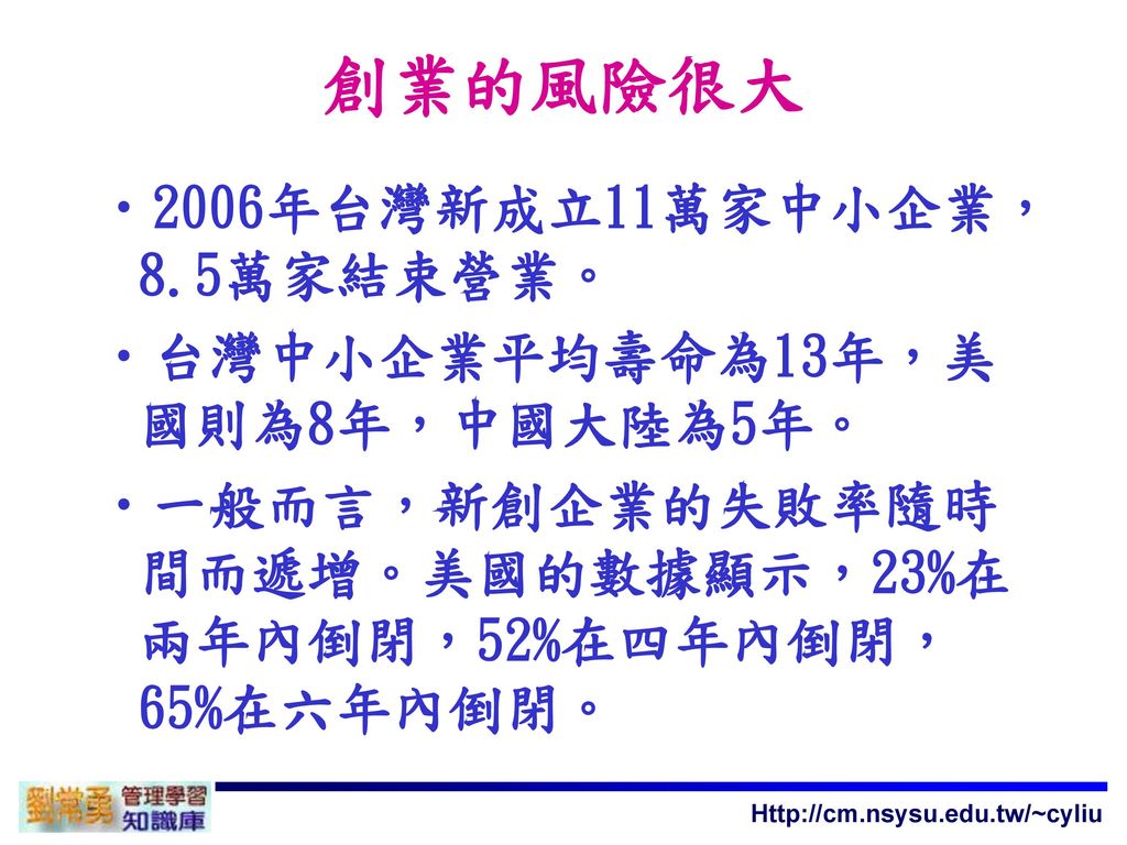 創業的風險很大 2006年台灣新成立11萬家中小企業，8.5萬家結束營業。 台灣中小企業平均壽命為13年，美國則為8年，中國大陸為5年。