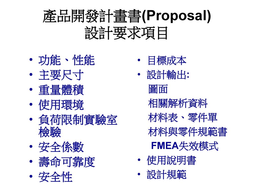 產品開發計畫書(Proposal) 設計要求項目