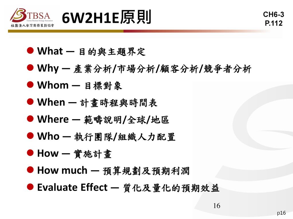 6W2H1E原則 What — 目的與主題界定 Why — 產業分析/市場分析/顧客分析/競爭者分析 Whom — 目標對象