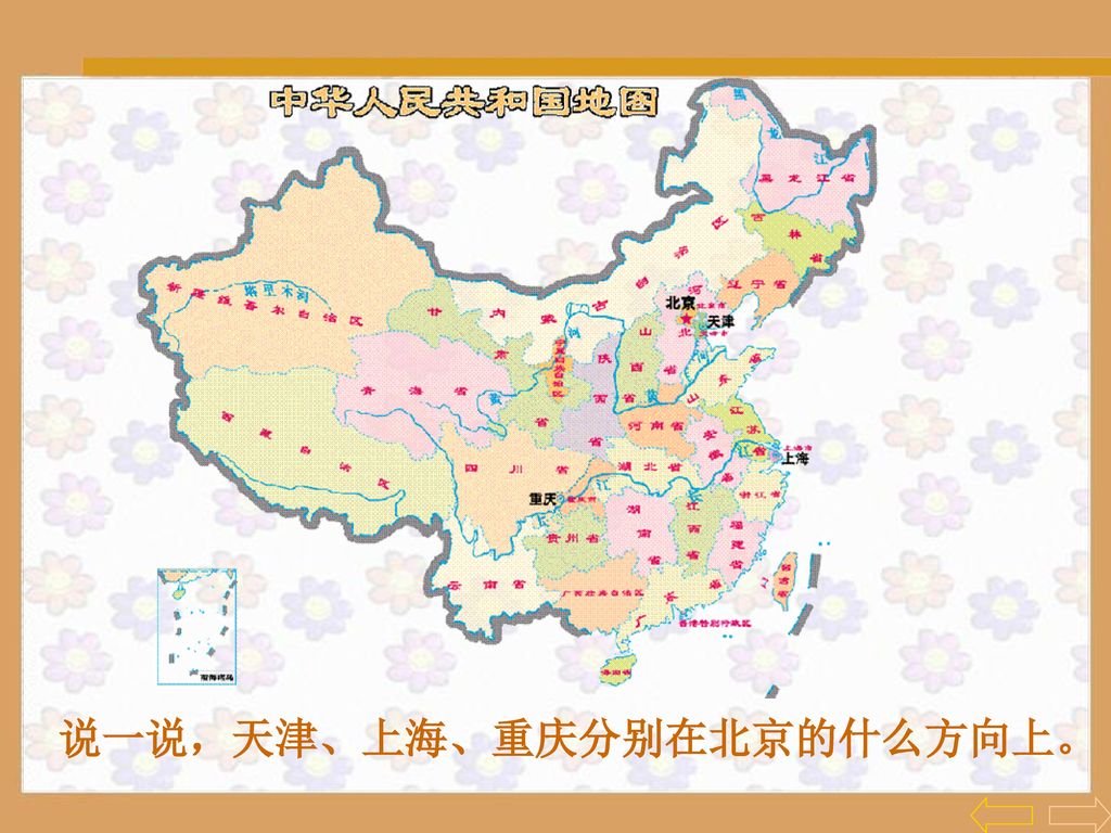 说一说，天津、上海、重庆分别在北京的什么方向上。
