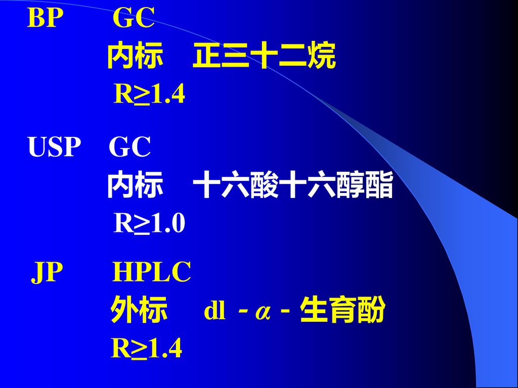 BP GC 内标 正三十二烷 R≥1.4 USP GC 内标 十六酸十六醇酯 R≥1.0 JP HPLC 外标 dl－α－生育酚 R≥1.4
