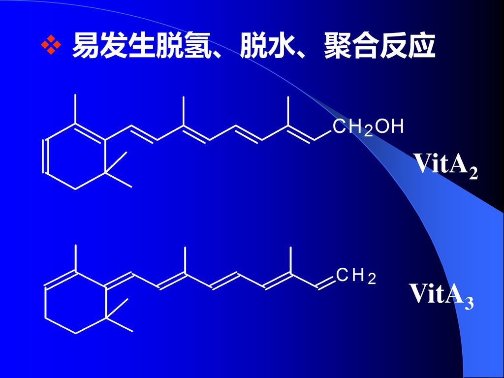 易发生脱氢、脱水、聚合反应 VitA2 VitA3