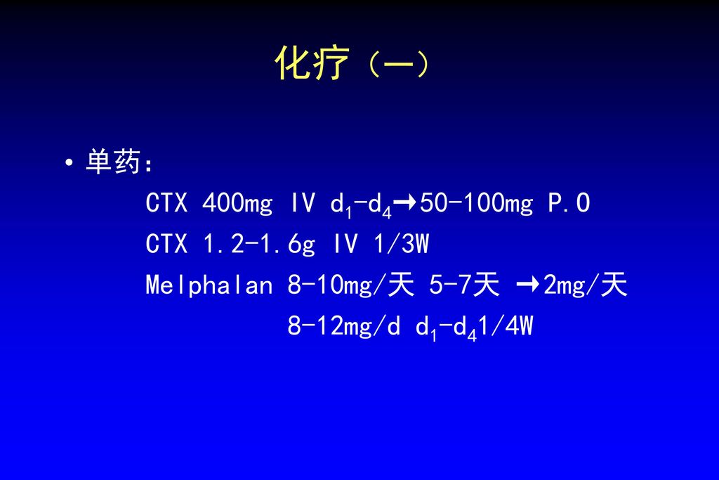 化疗（一） 单药： CTX 400mg IV d1-d4→50-100mg P.O CTX g IV 1/3W