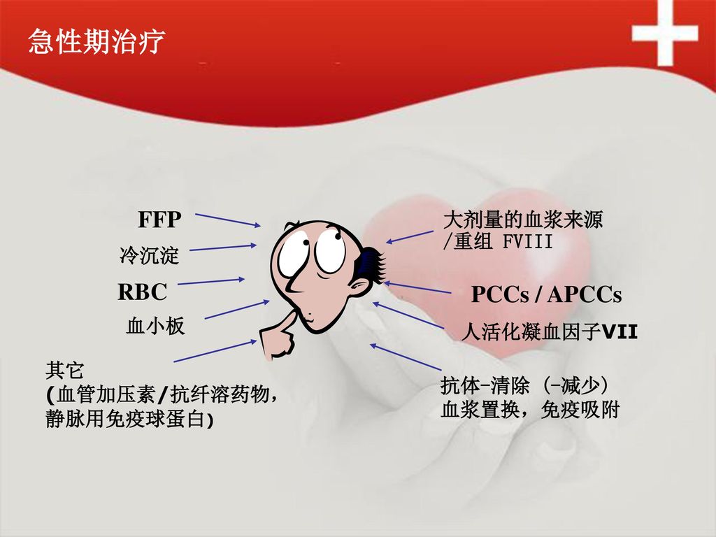 急性期治疗 FFP RBC PCCs / APCCs 大剂量的血浆来源 /重组 FVIII 冷沉淀 血小板 人活化凝血因子VII 其它