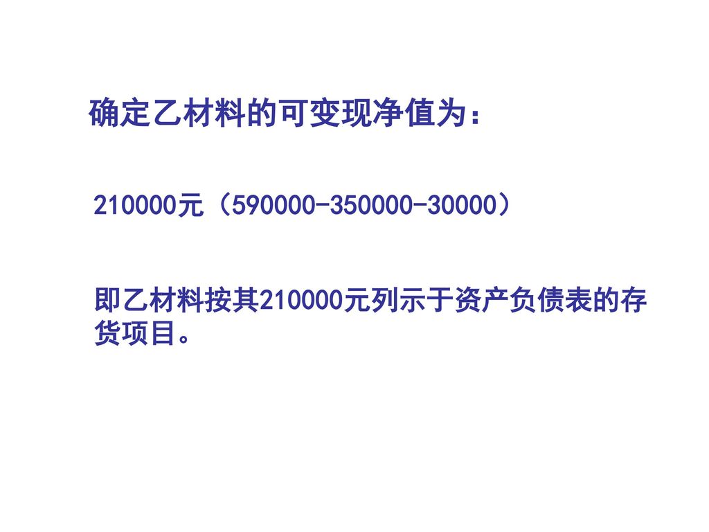确定乙材料的可变现净值为： 元（ ） 即乙材料按其210000元列示于资产负债表的存货项目。