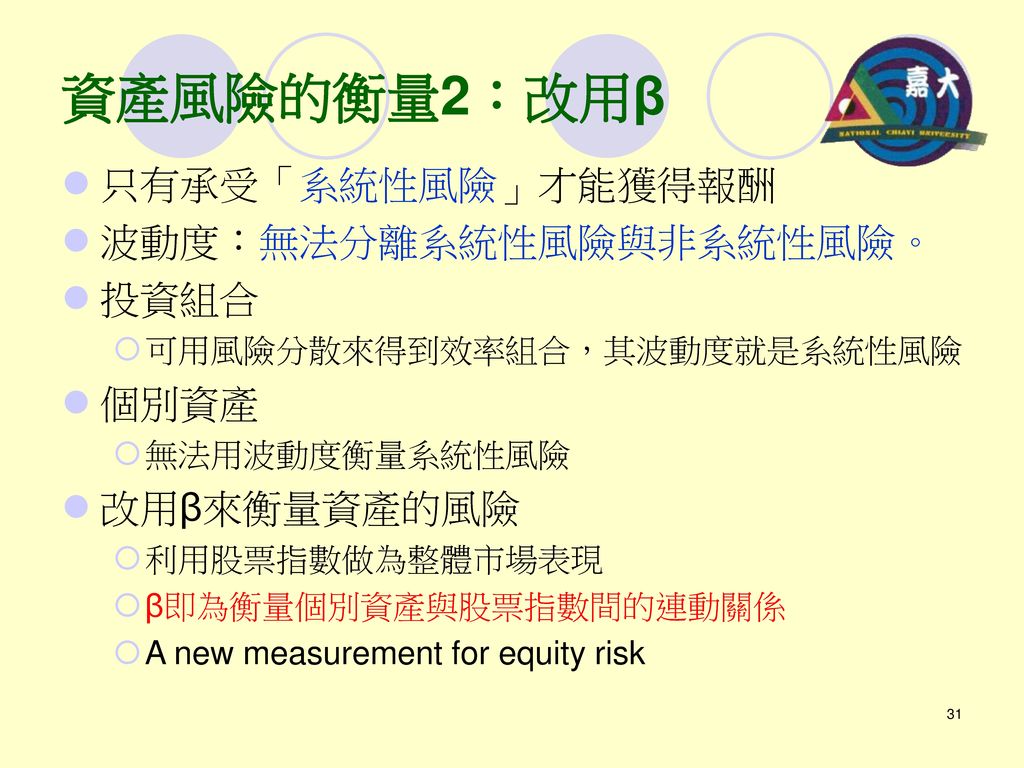 資產風險的衡量2：改用β 只有承受「系統性風險」才能獲得報酬 波動度：無法分離系統性風險與非系統性風險。 投資組合 個別資產
