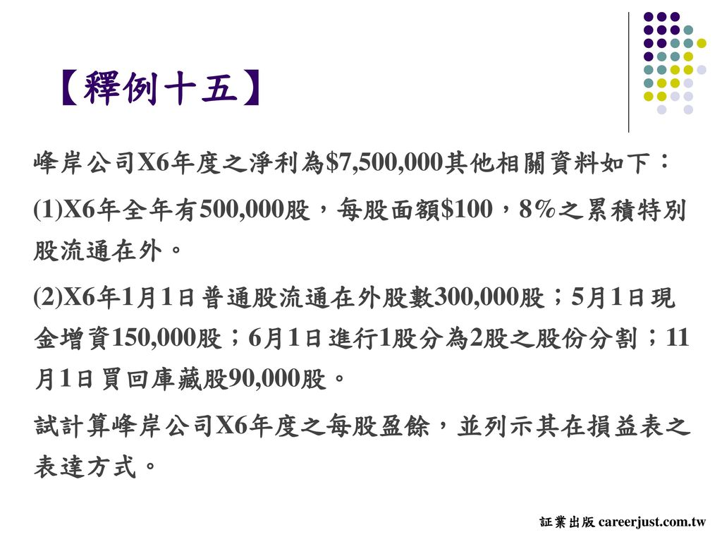 【釋例十五】 峰岸公司X6年度之淨利為$7,500,000其他相關資料如下：