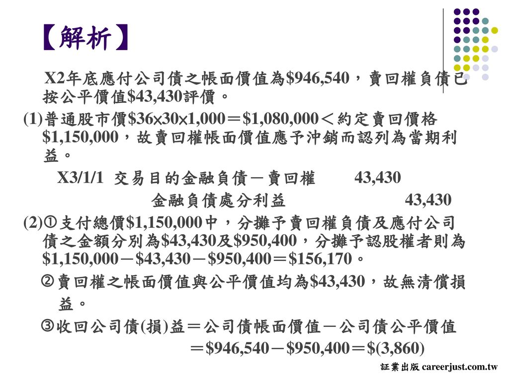 【解析】 X2年底應付公司債之帳面價值為$946,540，賣回權負債已按公平價值$43,430評價。