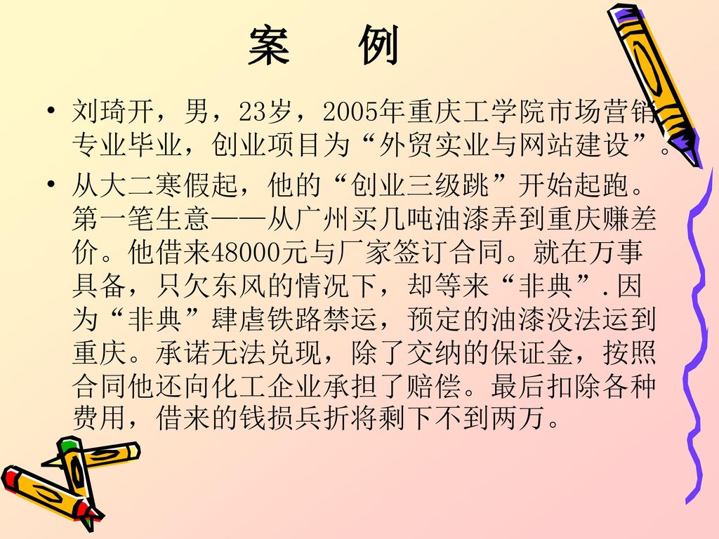 案 例 刘琦开，男，23岁，2005年重庆工学院市场营销专业毕业，创业项目为 外贸实业与网站建设 。