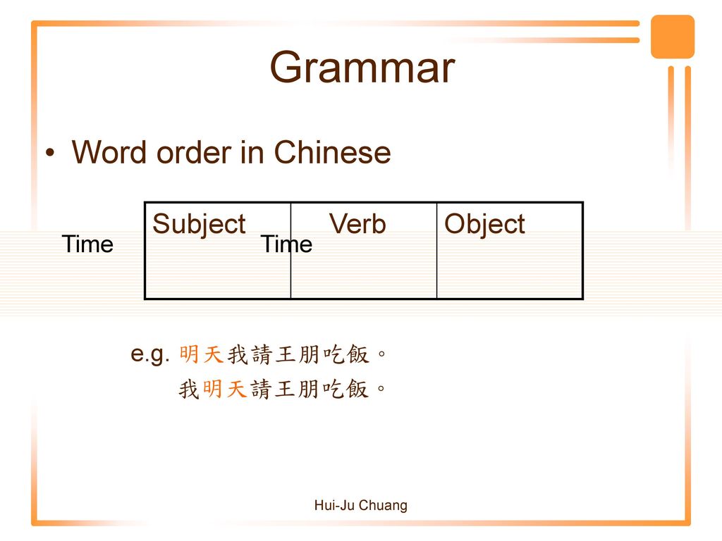 Grammar Word order in Chinese Subject Verb Object Time Time