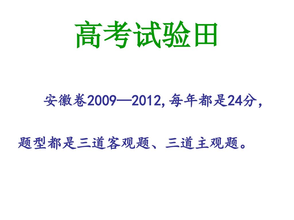 高考试验田 安徽卷2009—2012,每年都是24分， 题型都是三道客观题、三道主观题。