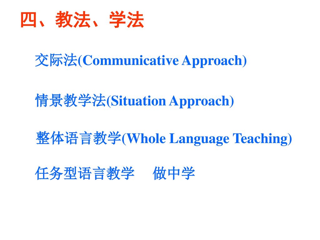 四、教法、学法 交际法(Communicative Approach) 情景教学法(Situation Approach)