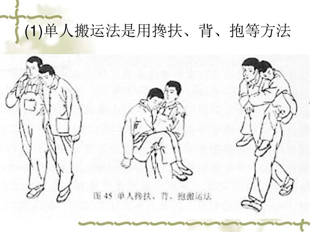 (1)单人搬运法是用搀扶、背、抱等方法