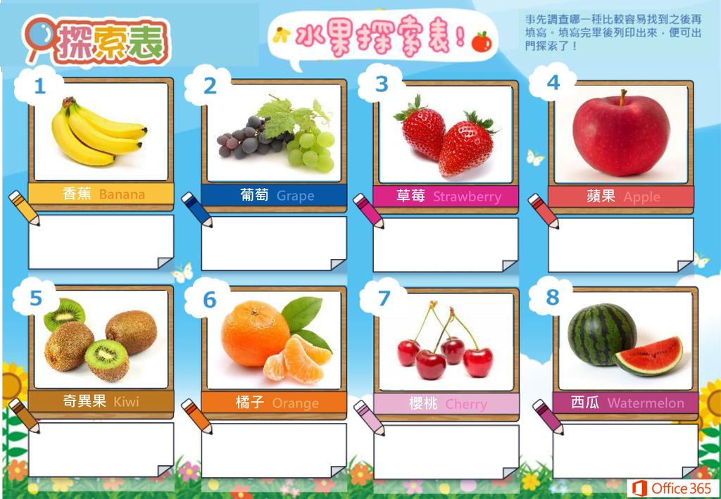 香蕉 Banana 葡萄 Grape 草莓 Strawberry 蘋果 Apple 奇異果 Kiwi 橘子 Orange 櫻桃 Cherry 西瓜 Watermelon