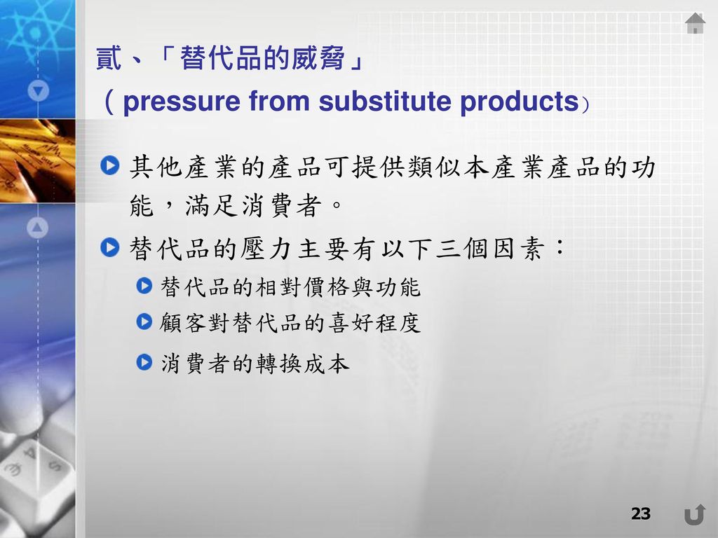 貳、「替代品的威脅」 （pressure from substitute products）