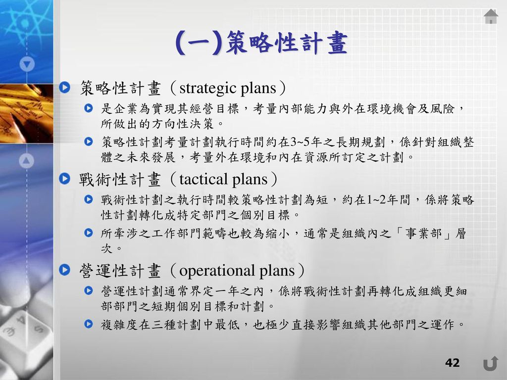 (一)策略性計畫 策略性計畫（strategic plans） 戰術性計畫（tactical plans）