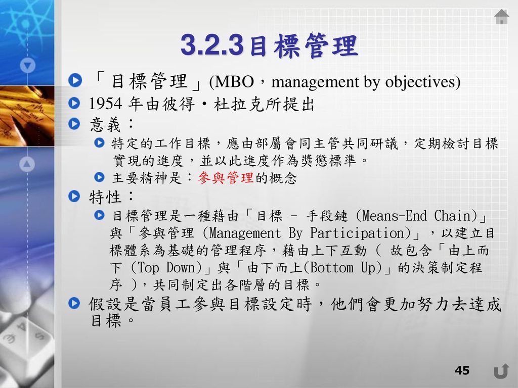 3.2.3目標管理 「目標管理」(MBO，management by objectives) 1954 年由彼得‧杜拉克所提出 意義：