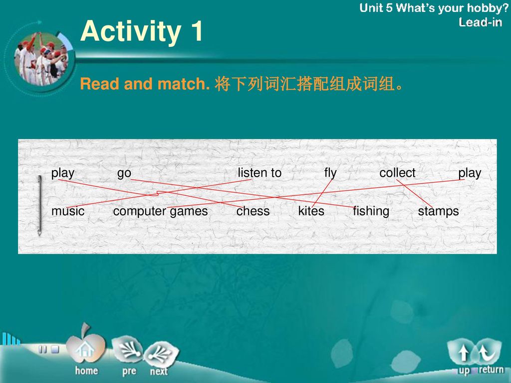 Exercise-1 Activity 1 Read and match. 将下列词汇搭配组成词组。