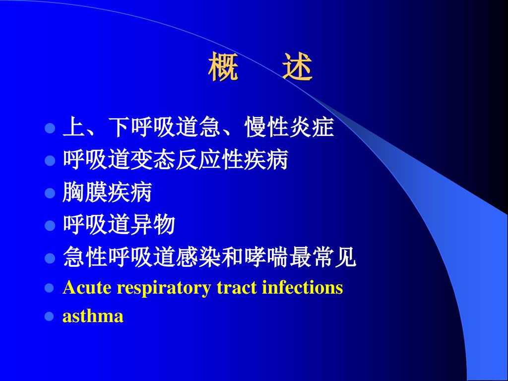 概 述 上、下呼吸道急、慢性炎症 呼吸道变态反应性疾病 胸膜疾病 呼吸道异物 急性呼吸道感染和哮喘最常见