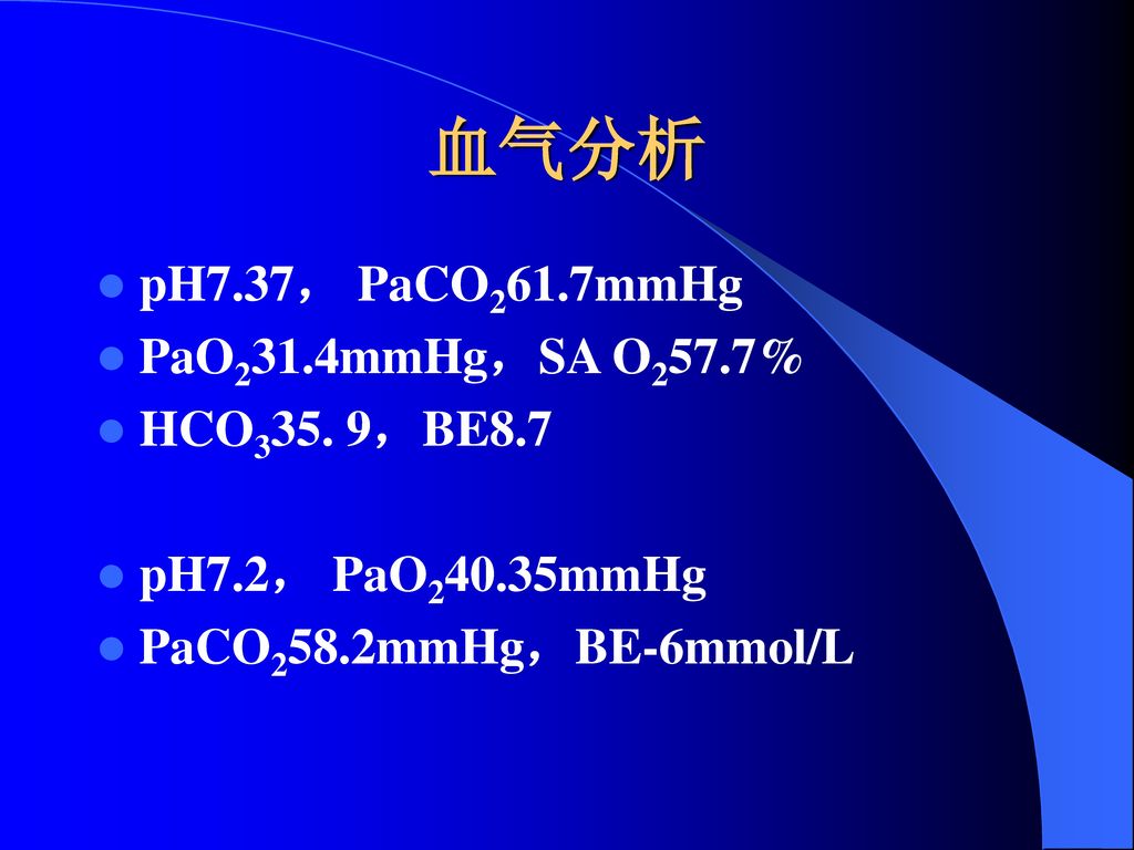 血气分析 pH7.37， PaCO261.7mmHg PaO231.4mmHg，SA O257.7% HCO335. 9，BE8.7