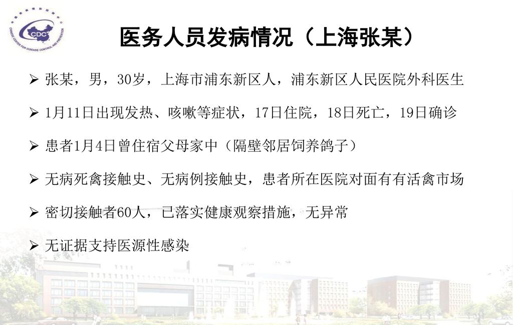 医务人员发病情况（上海张某） 张某，男，30岁，上海市浦东新区人，浦东新区人民医院外科医生