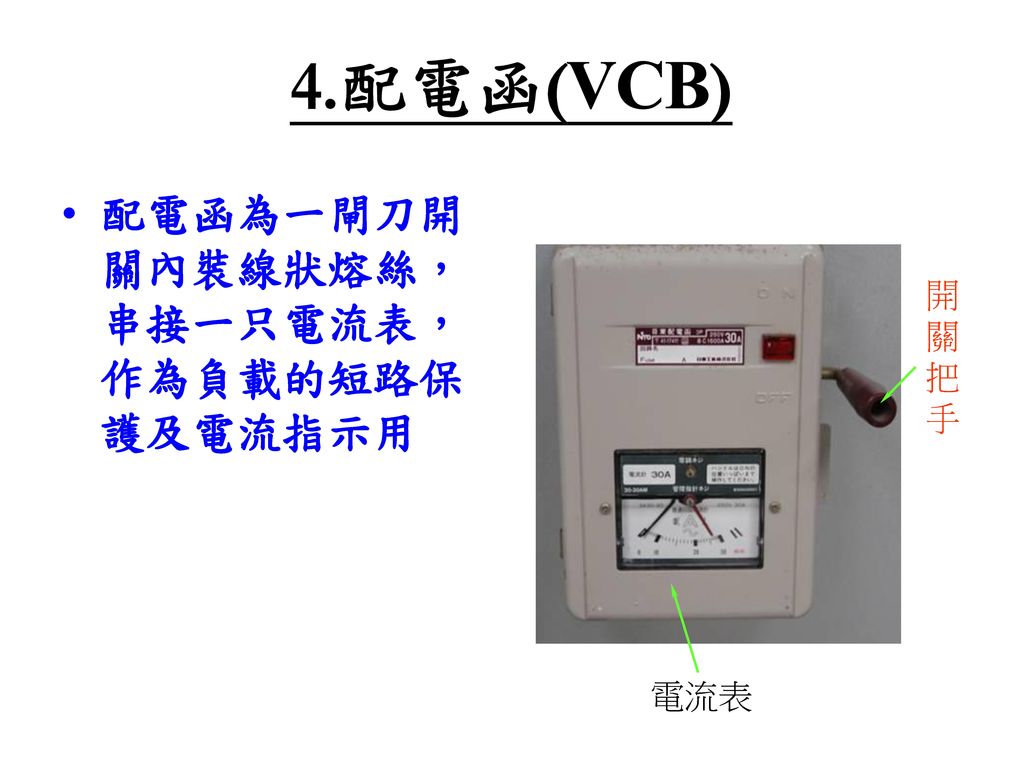 4.配電函(VCB) 配電函為一閘刀開關內裝線狀熔絲，串接一只電流表，作為負載的短路保護及電流指示用 開關把手 電流表