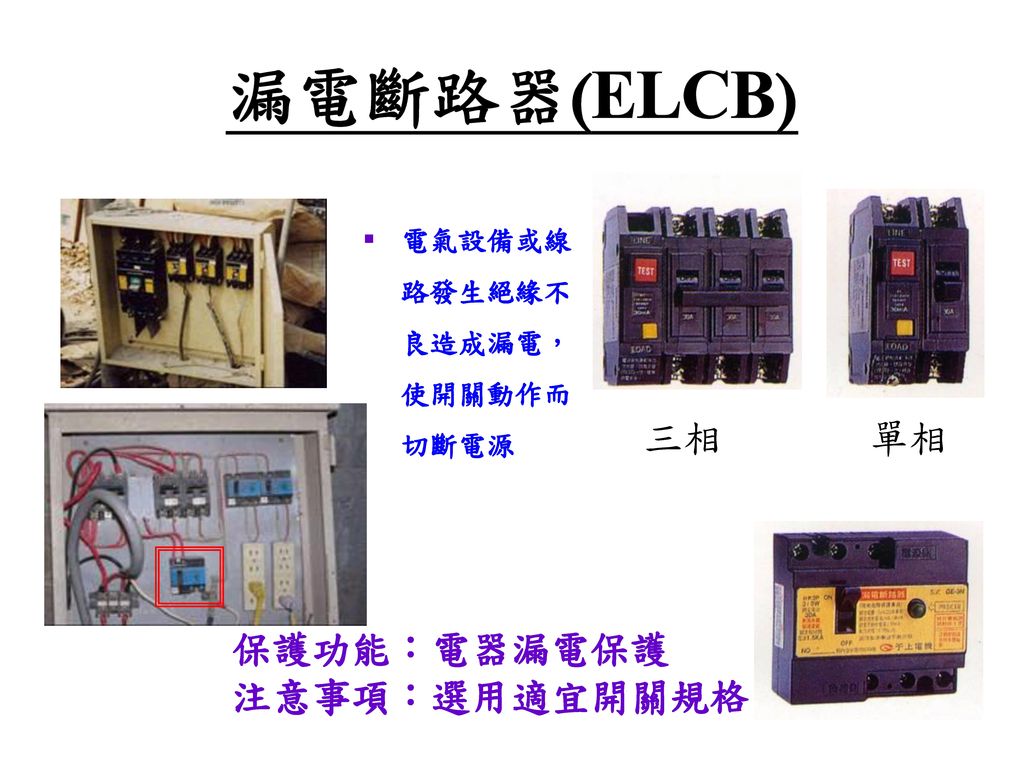漏電斷路器(ELCB) 三相 單相 保護功能：電器漏電保護 注意事項：選用適宜開關規格