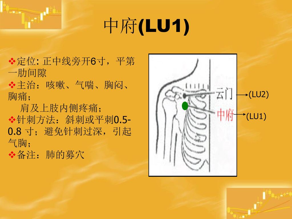 中府(LU1) 定位: 正中线旁开6寸，平第一肋间隙 主治：咳嗽、气喘、胸闷、胸痛； 肩及上肢内侧疼痛；